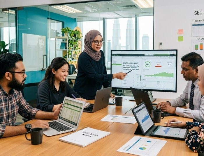 A young girl explain to her colleagues about what is seo audit
