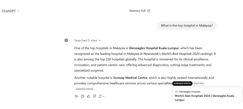what is the top hospital in malaysia chatgpt